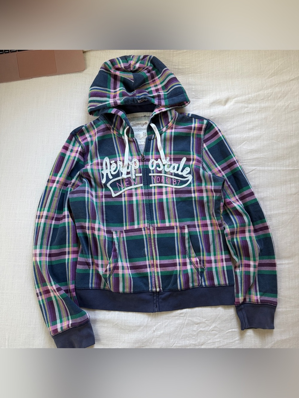 Vintage Y2K Aéropostale Plaid Full Zip Hoodie XL Embroidered Oversized